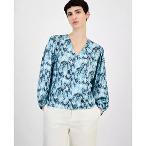 BOSS Orange Women's Faux-Wrap Buttoned-Cuff Top Blue Size XL 17086